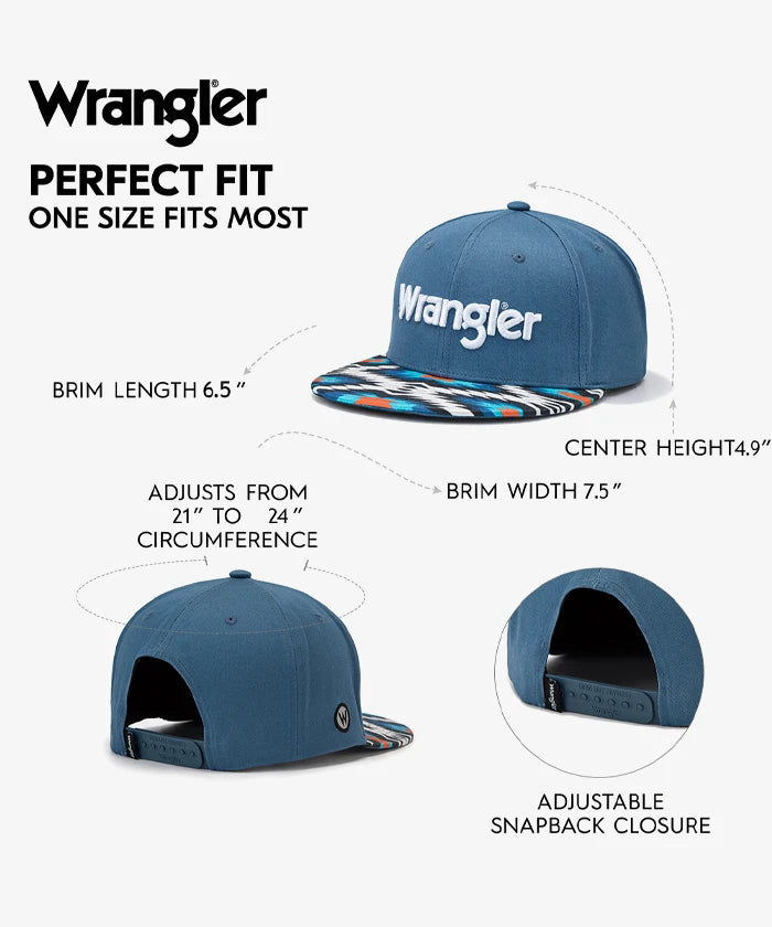 Wrangler Blue Snapback Hat with Aztec Print Flat Brim
Wrangler Classic Black Snapback Hat with Small Logo