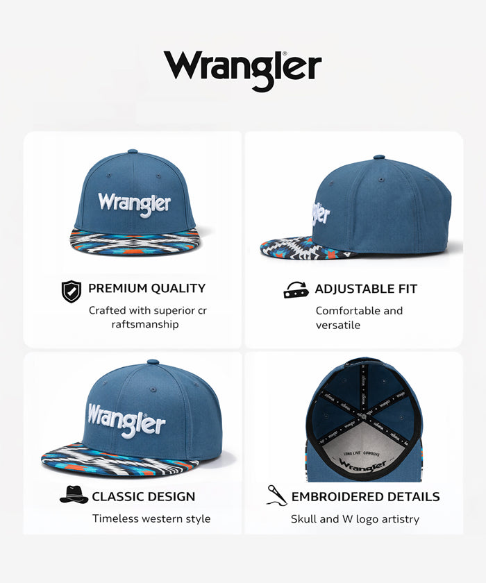 Wrangler Blue Snapback Hat with Aztec Print Flat Brim
Wrangler Classic Black Snapback Hat with Small Logo