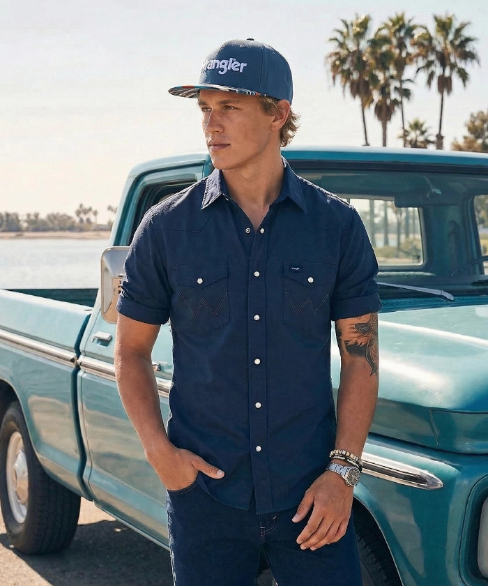 Wrangler Blue Snapback Hat with Aztec Print Flat Brim
Wrangler Classic Black Snapback Hat with Small Logo