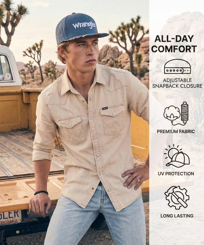 Wrangler Blue Snapback Hat with Aztec Print Flat Brim
Wrangler Classic Black Snapback Hat with Small Logo