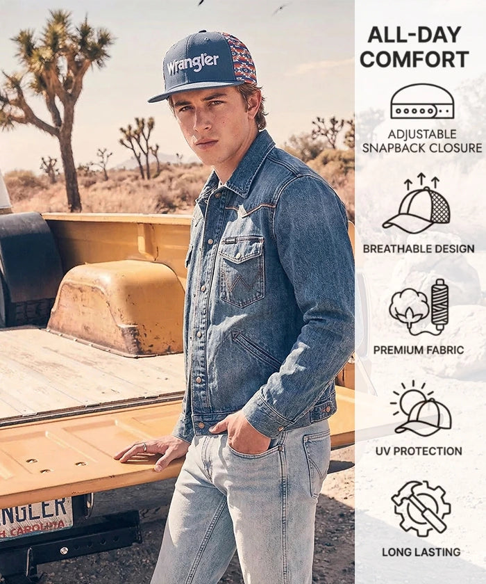 Wrangler Denim Blue Snapback Hat with Aztec Side Panels
Wrangler Classic Black Snapback Hat with Small Logo