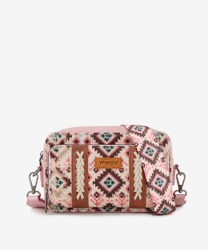 Wrangler Aztce Dual Sided Print Crossbody Purse Dark Pink