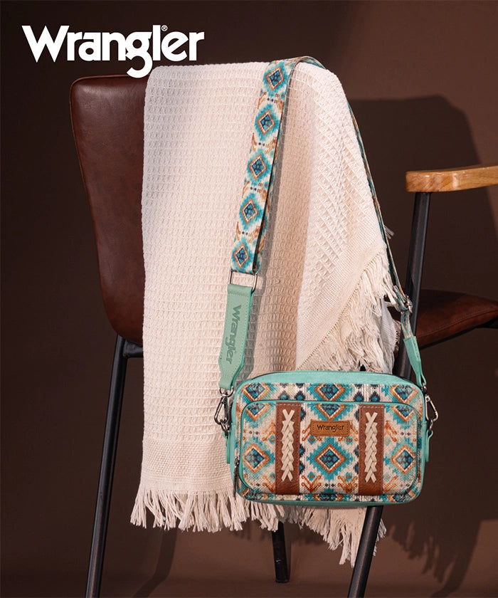 Wrangler Aztce Dual Sided Print Crossbody Purse Green