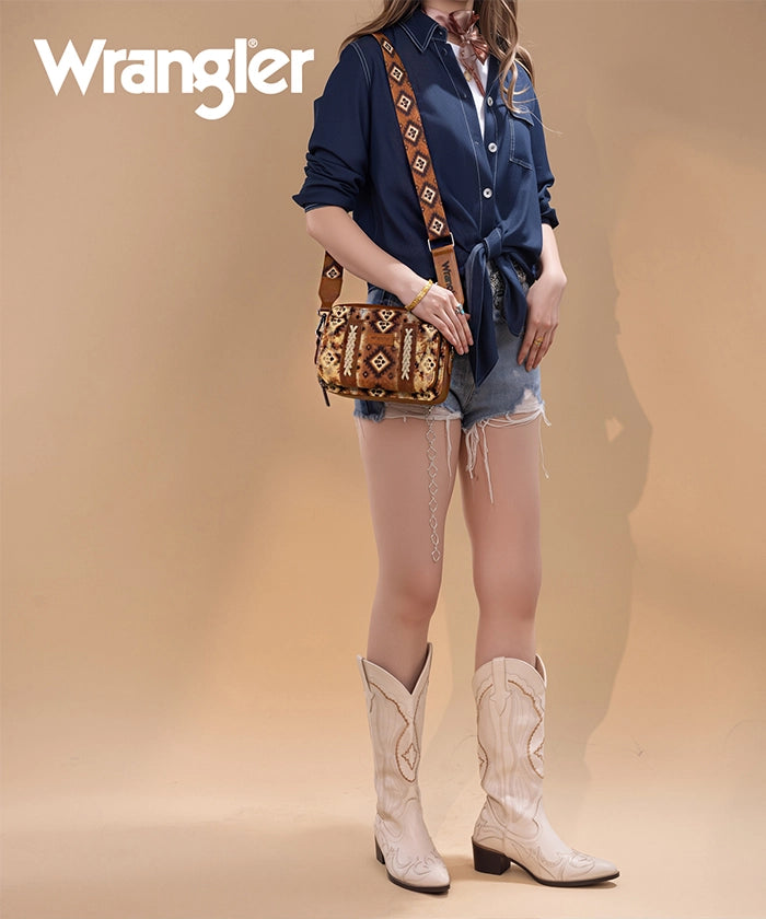 Wrangler Aztce Dual Sided Print Crossbody Purse Light Brown