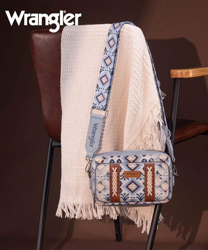 Wrangler Aztce Dual Sided Print Crossbody Purse Navy
