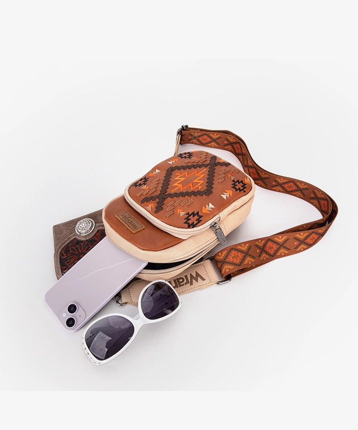 Wrangler Aztec Embroidered Whipstitch Sling Bag Brown