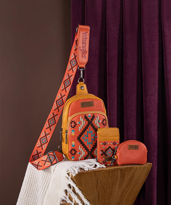 Wrangler Aztec Embroidered Whipstitch Sling Bag Orange
