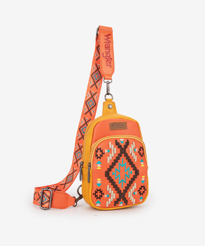 Wrangler Aztec Embroidered Whipstitch Sling Bag Orange
