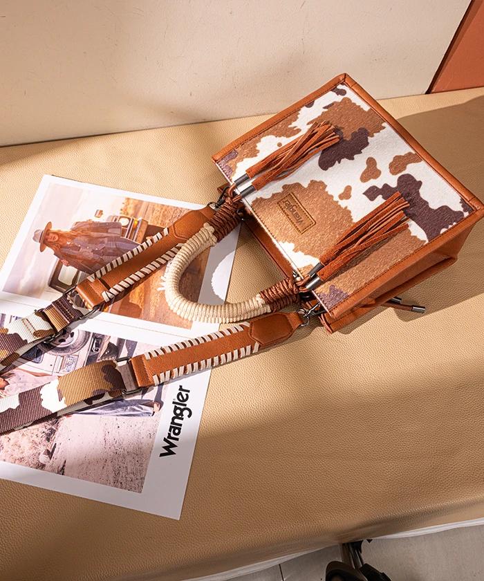 Wrangler CowPrint Rope Handle Tote Bag Brown