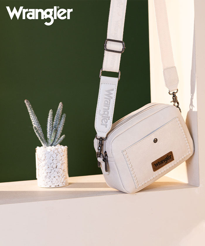 Wrangler Dual Zipper Stitch Crossbody Bag Beige