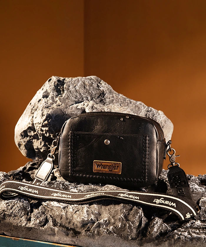 Wrangler Dual Zipper Stitch Crossbody Bag Black