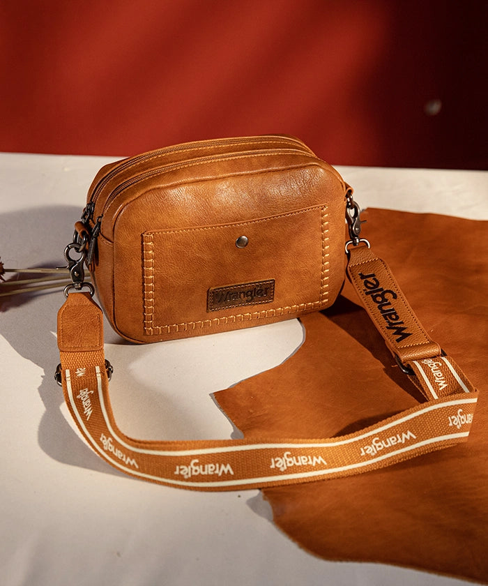 Wrangler Dual Zipper Stitch Crossbody Bag Brown