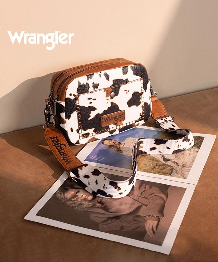Wrangler Dual Zipper Stitch Crossbody Bag Cowprint Brown