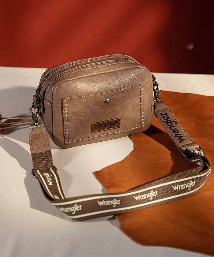 Wrangler Dual Zipper Stitch Crossbody Bag Khaki