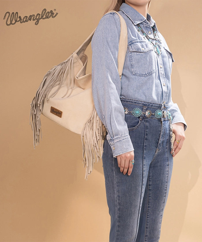 Wrangler Fringe Studded Hobo Bag Beige