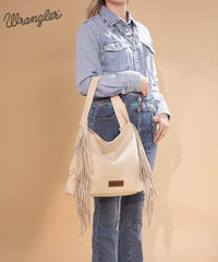 Wrangler Fringe Studded Hobo Bag Beige