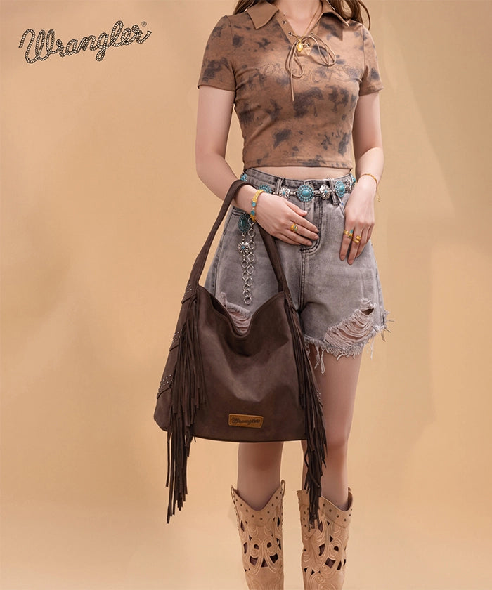 Wrangler Fringe Studded Hobo Bag Coffee