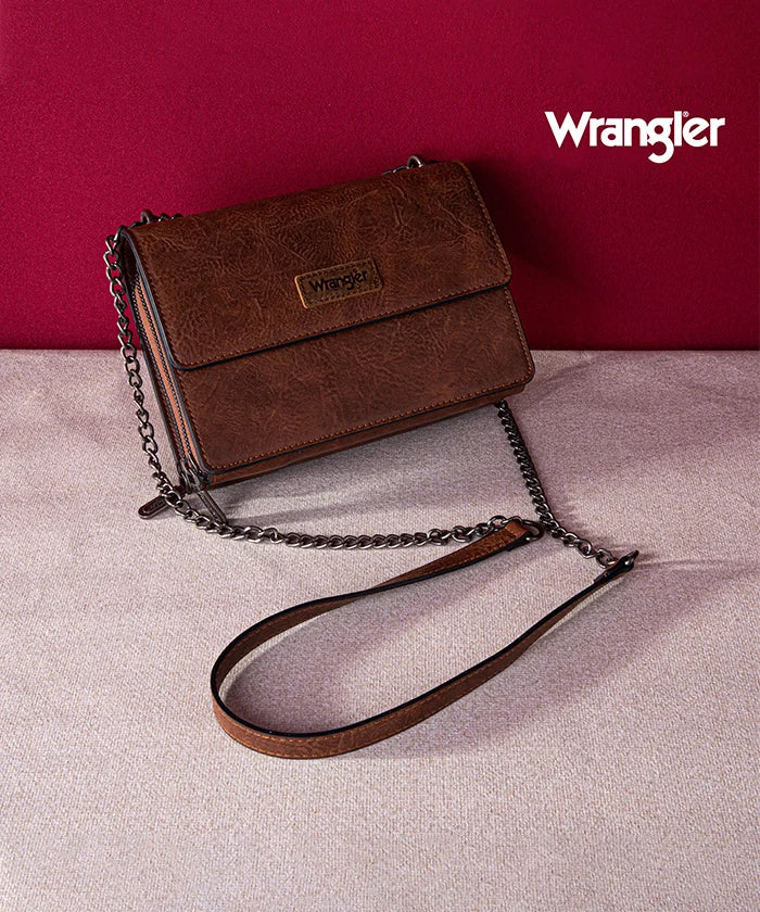 Wrangler Full-Grain Leather Flap Crossbody Purse Dark Brown