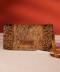Wrangler Hair-On Cowhide Floral Tooled Wristlet Brown
