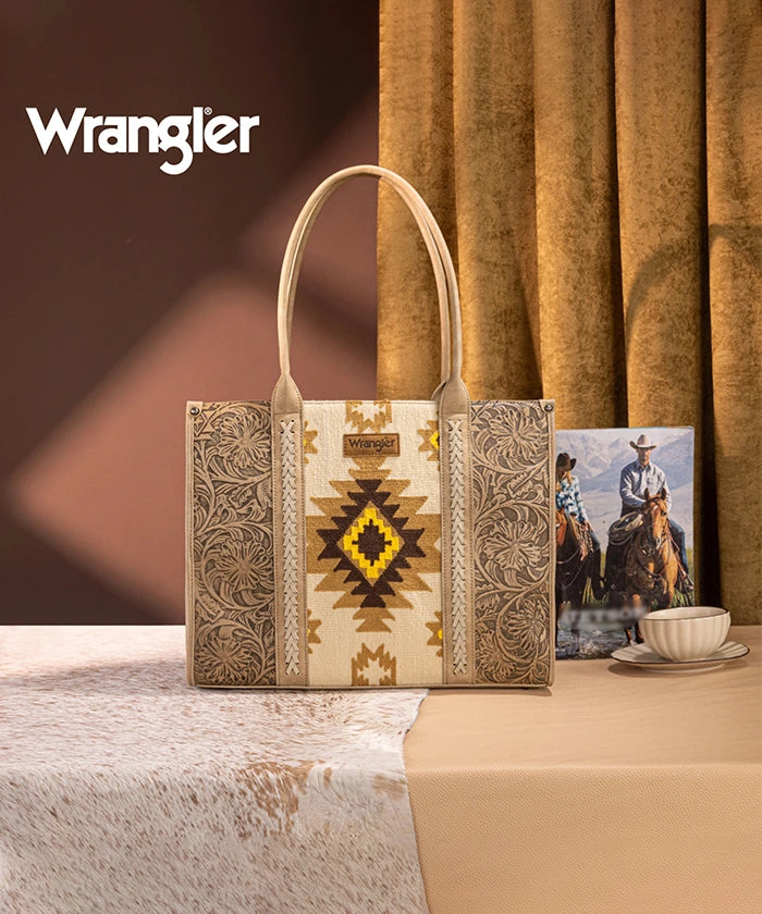 Wrangler Tooled Aztec Knitted Concealed Carry Wide Tote Tan