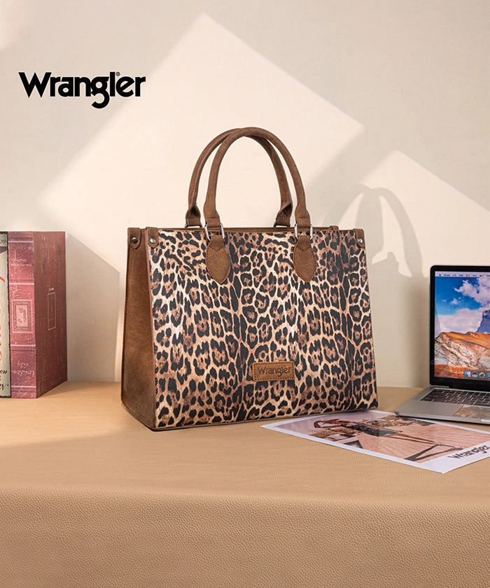 Wrangler Western All-over Leopard Print Wide Tote Bag Brown