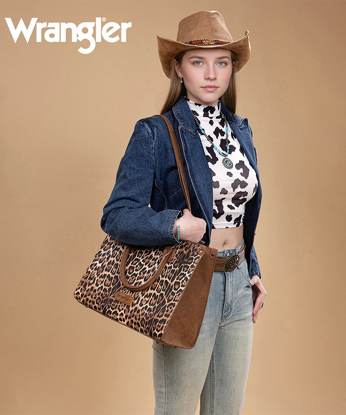 Wrangler Western All-over Leopard Print Wide Tote Bag Brown