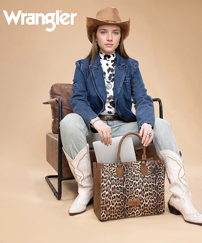 Wrangler Western All-over Leopard Print Wide Tote Bag Brown