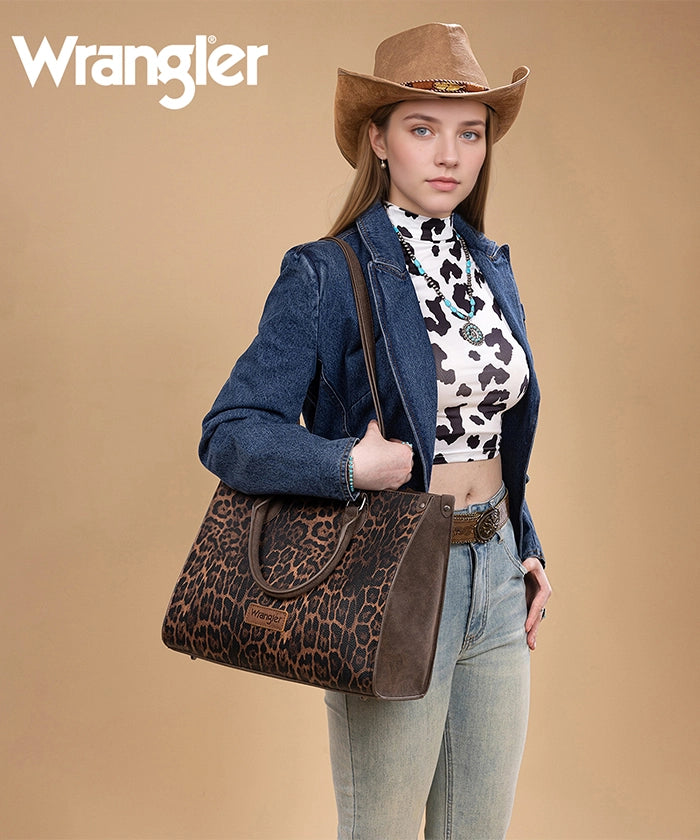 Wrangler Western All-over Leopard Print Wide Tote Bag Coffee