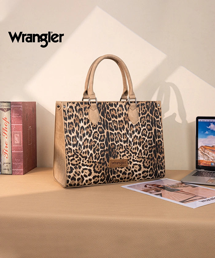 Wrangler Western All-over Leopard Print Wide Tote Bag Tan