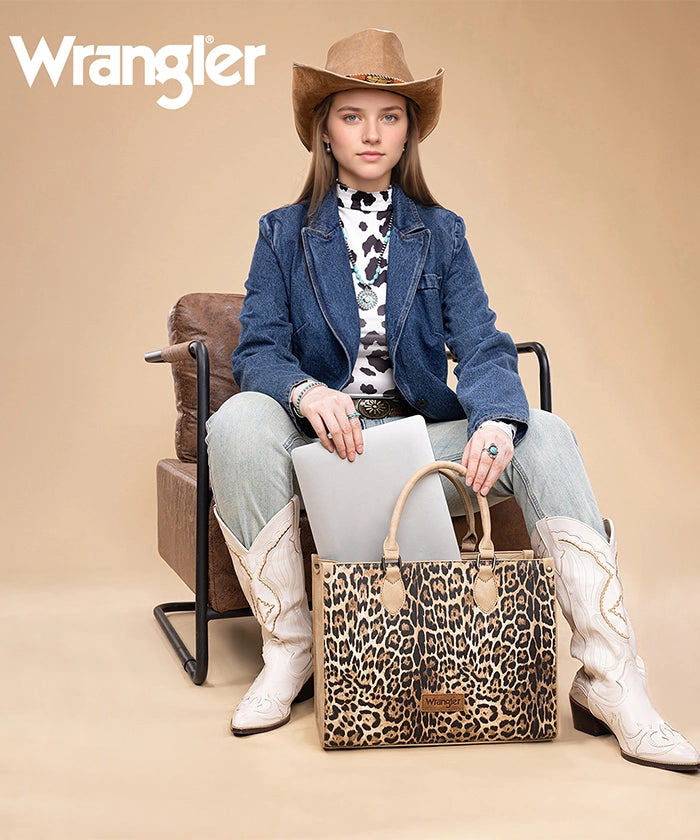 Wrangler Western All-over Leopard Print Wide Tote Bag Tan