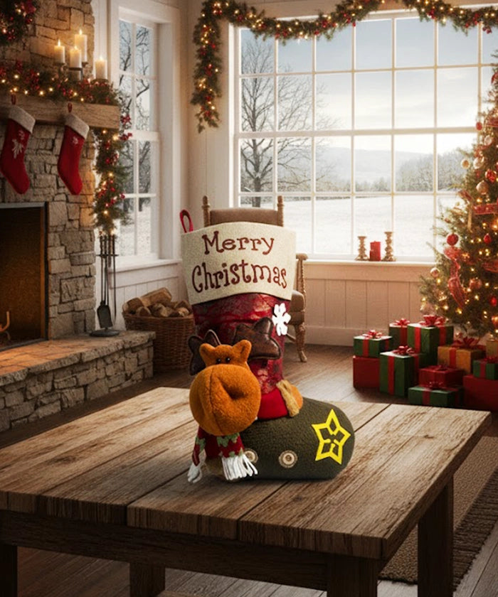 Montana West Christmas stockings in Green — PU leather with 3D reindeer and snowflake details