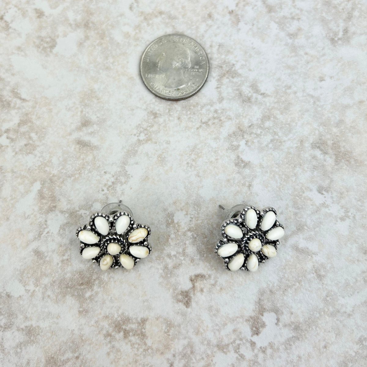 Small Silver Natural Stone Floral Concho Earrings - Montana West World