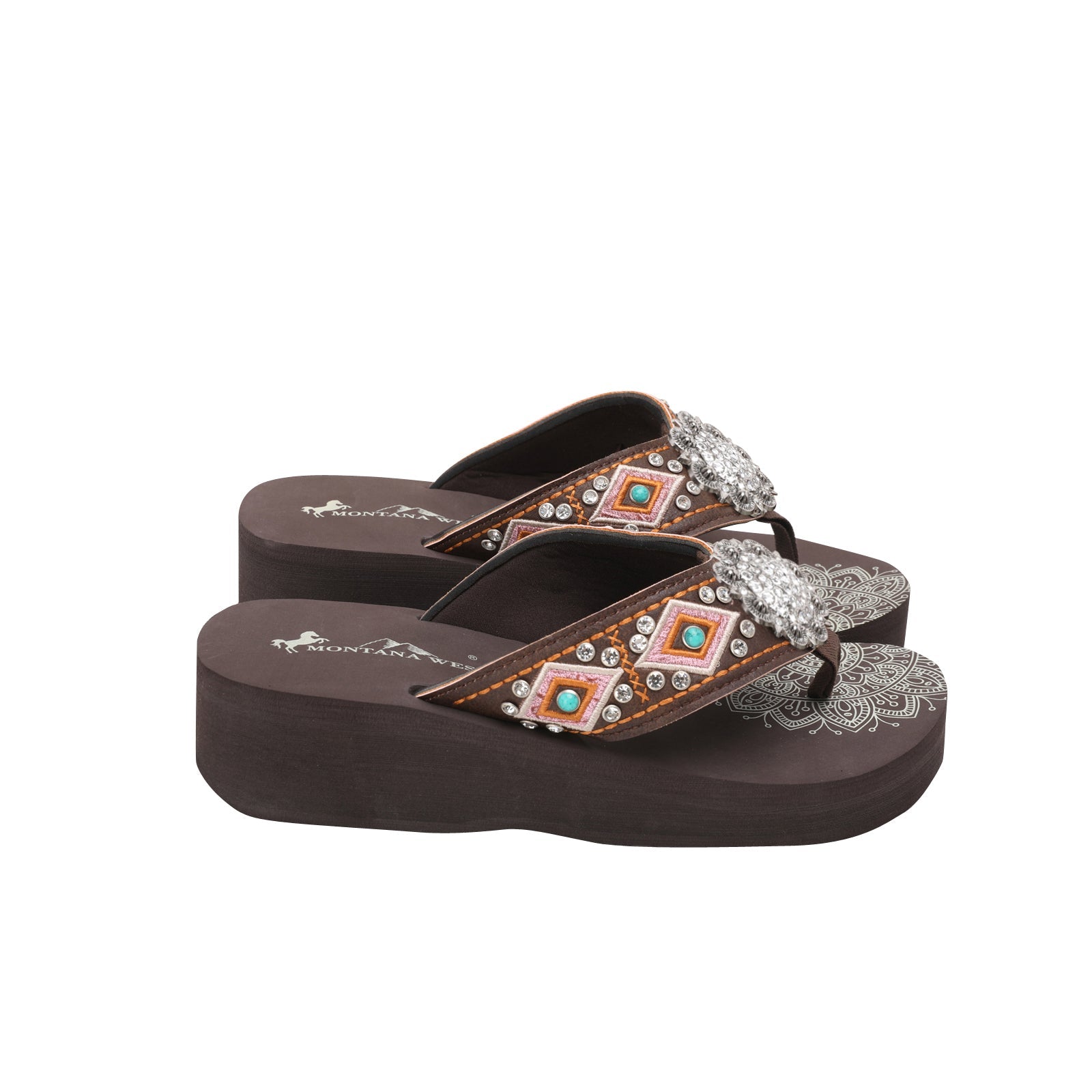 Mandala Silver Floral Rhinestones Concho Embroidered Wedge Flip-Flop - Montana West World