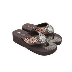 Mandala Silver Floral Rhinestones Concho Embroidered Wedge Flip-Flop - Montana West World
