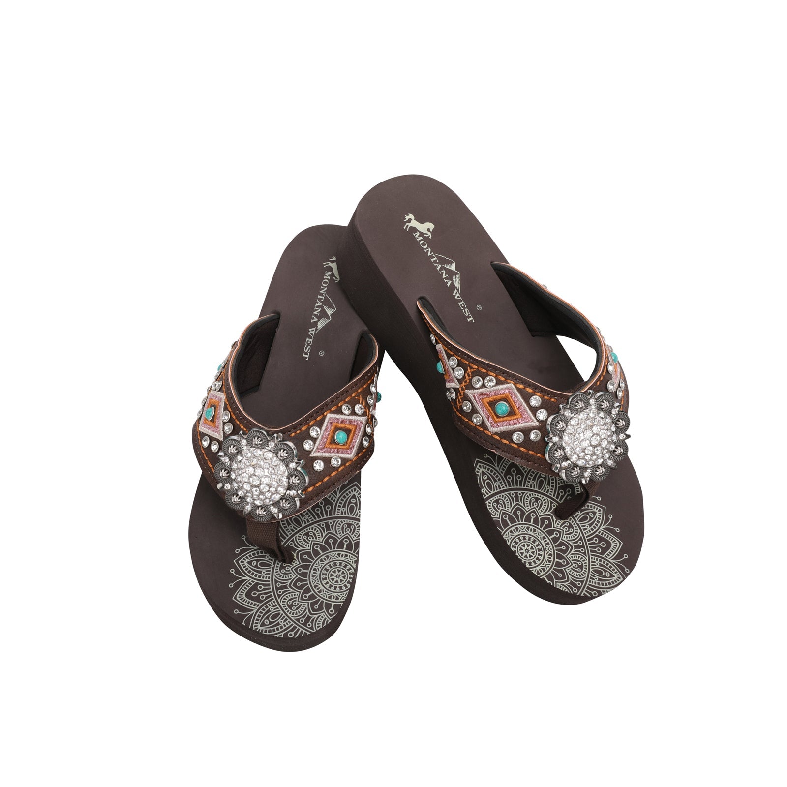 Mandala Silver Floral Rhinestones Concho Embroidered Wedge Flip-Flop - Montana West World