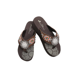 Mandala Silver Floral Rhinestones Concho Embroidered Wedge Flip-Flop - Montana West World