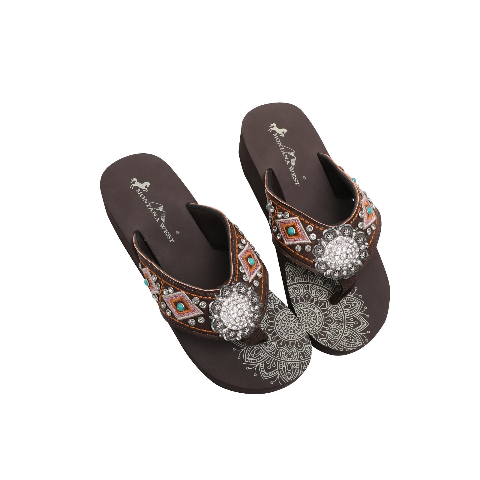 Mandala Silver Floral Rhinestones Concho Embroidered Wedge Flip-Flop - Montana West World