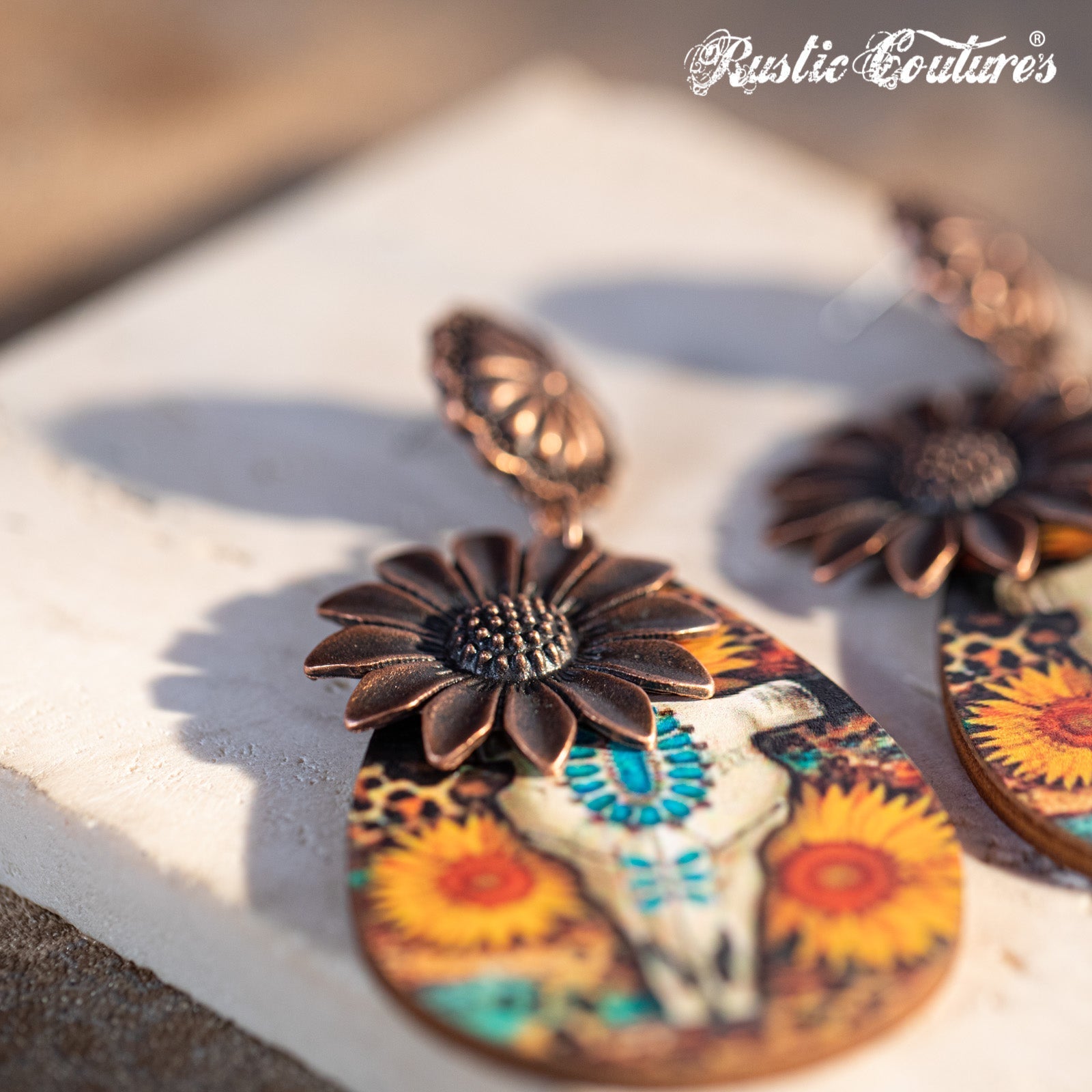 Rustic Couture's Metal Sunflower Wood Painted Bull Skull Dangling Earring - Montana West World