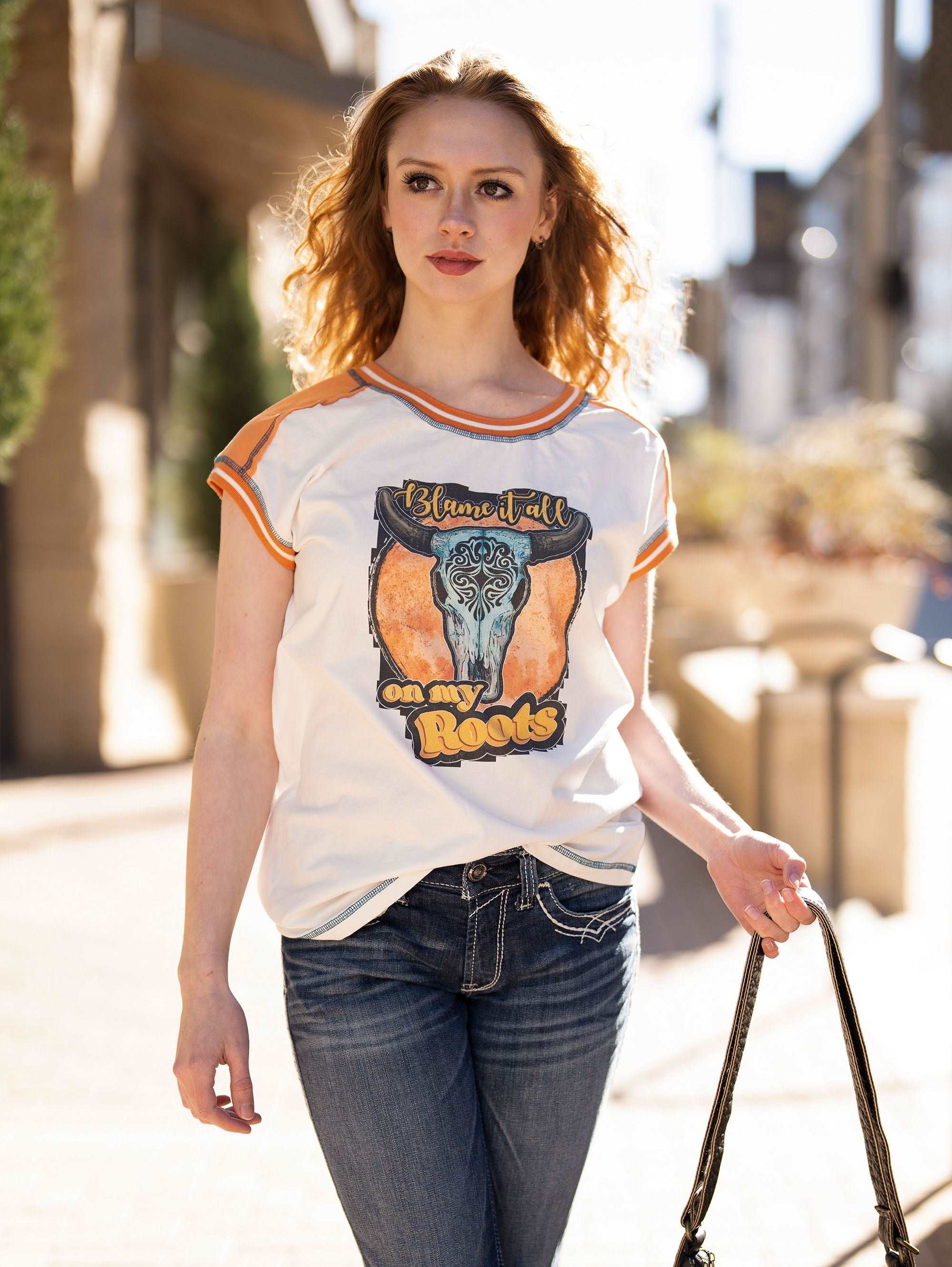 Delila Women's Mineral Wash Cow Skull Graphic Short Sleeve Tee - Montana West World