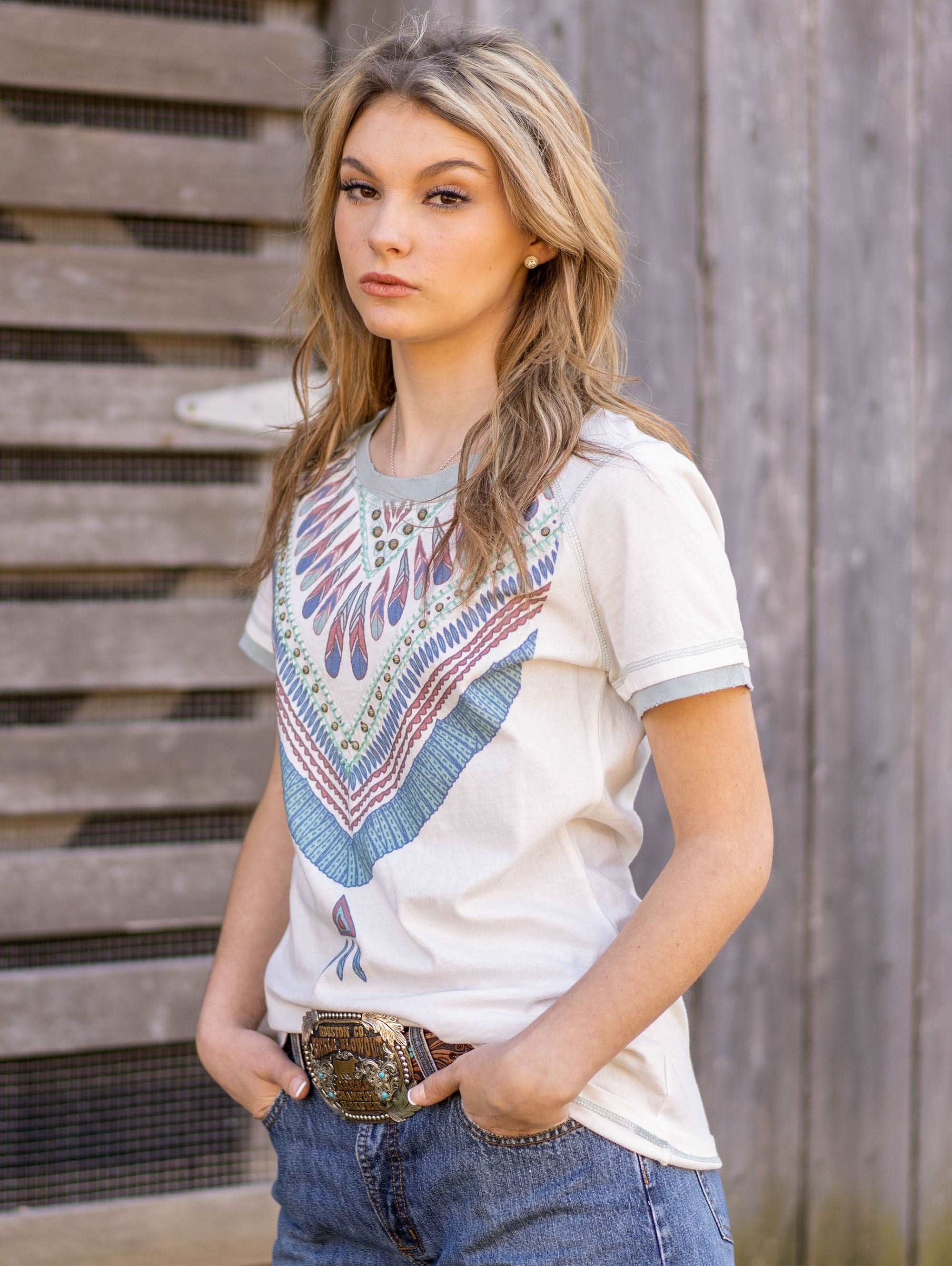 Delila Women's Mineral Wash Serape Graphic Short Sleeve Tee - Montana West World