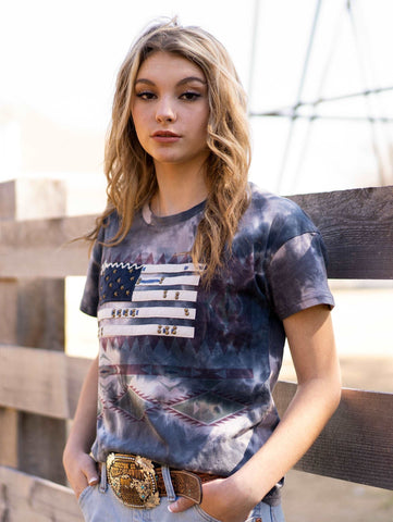 Delila Women's Tie-Dye Hand Stitched Studded Flag Tee - Montana West World