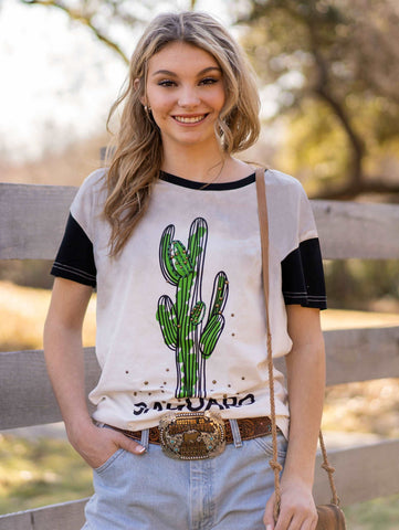 Delila Women's Mineral Wash Saguaro Graphic Short Sleeve Tee - Montana West World