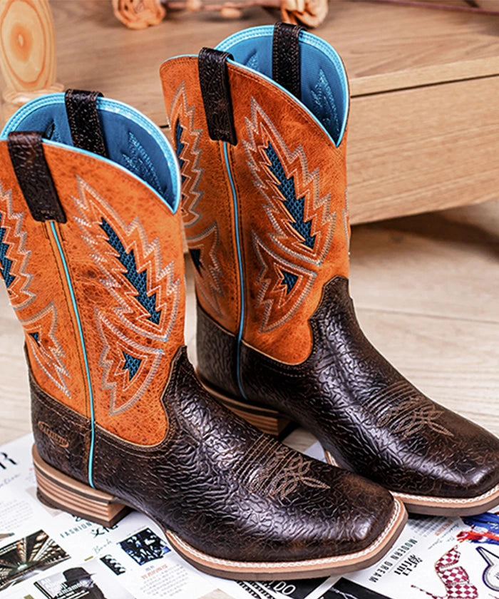 Men's Cracked Leather Embroidered Square Toe Western Boots