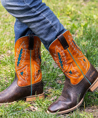 Men's Cracked Leather Embroidered Square Toe Western Boots