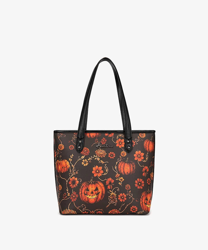 Montana West Halloween Gothic Tote Bag for Women – Skull Rose, Witch Moon & Pumpkin Floral Shoulder Purse（Preorder）