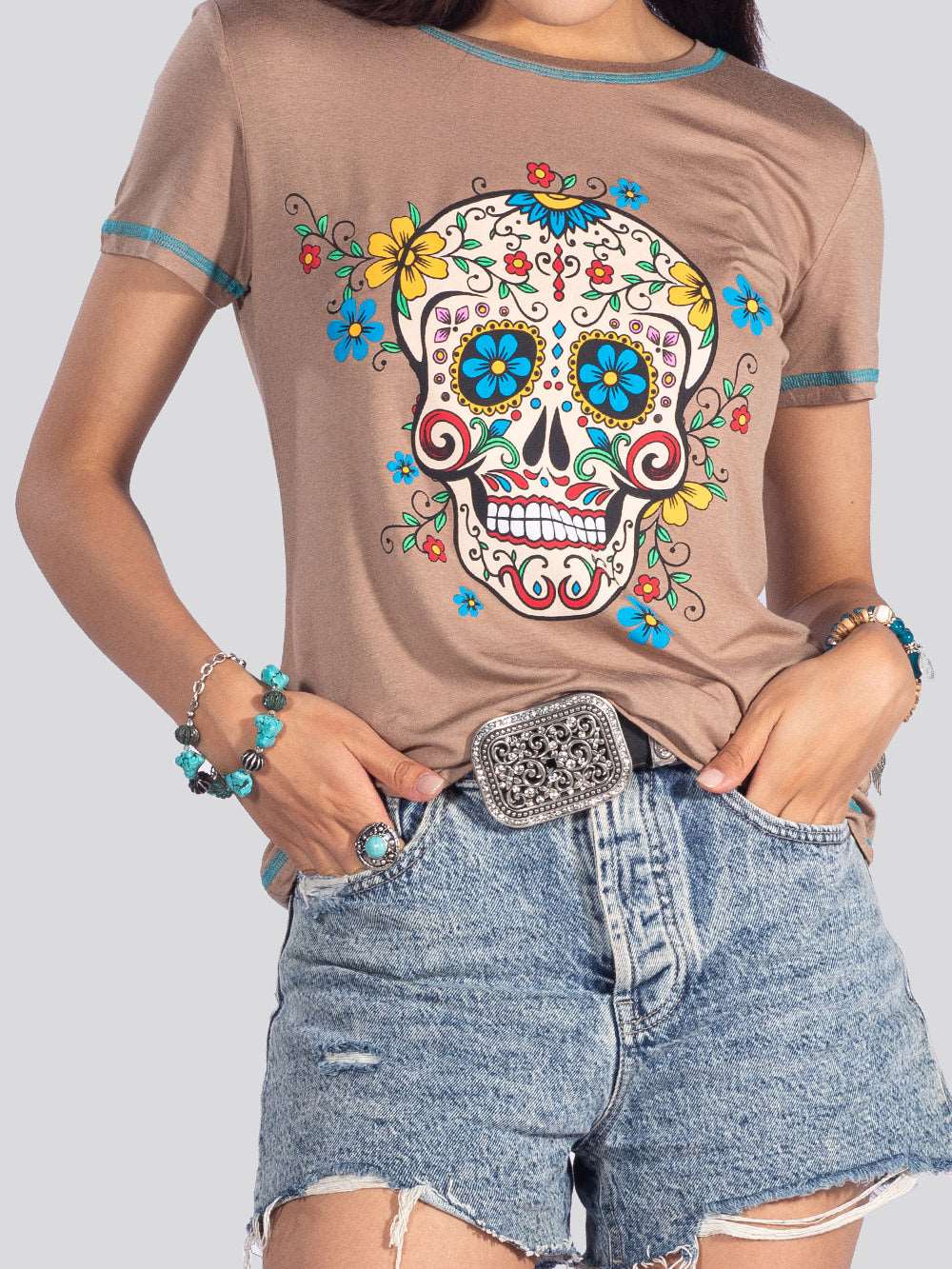 American Bling Women Sugar Skull Short Sleeve Shirt - Montana West World