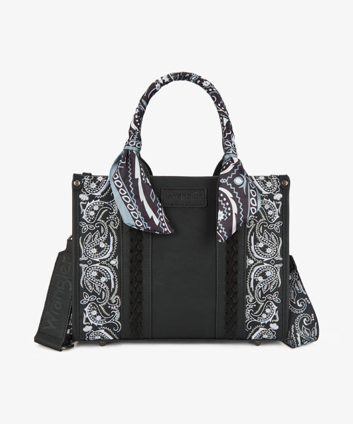 Black Wrangler paisley western tote used as boho shoulder bag option