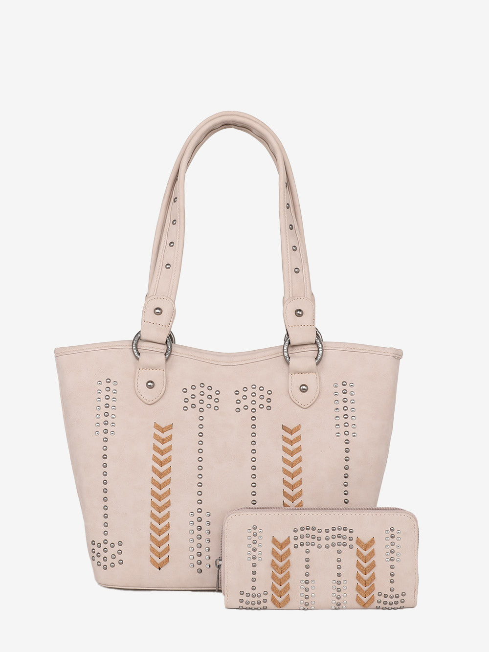 American Bling Beige Whipstitch Studs Tote Set - Montana West World