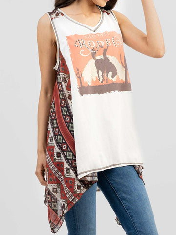 Delila Women Washed Rodeo Aztec Pieced Sleeveless Tank - Montana West World