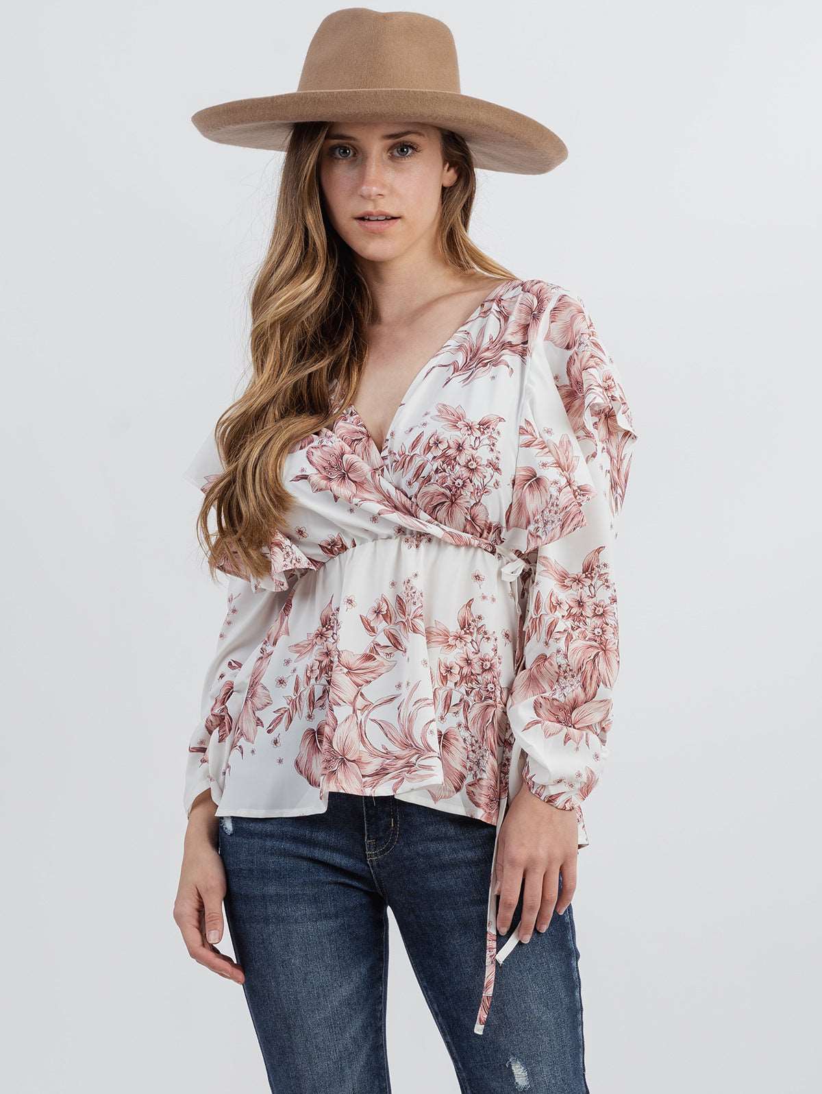 American Bling Plus Size Women Floral Print Ruffle 3/4 Sleeve Wrap Blouse - Montana West World